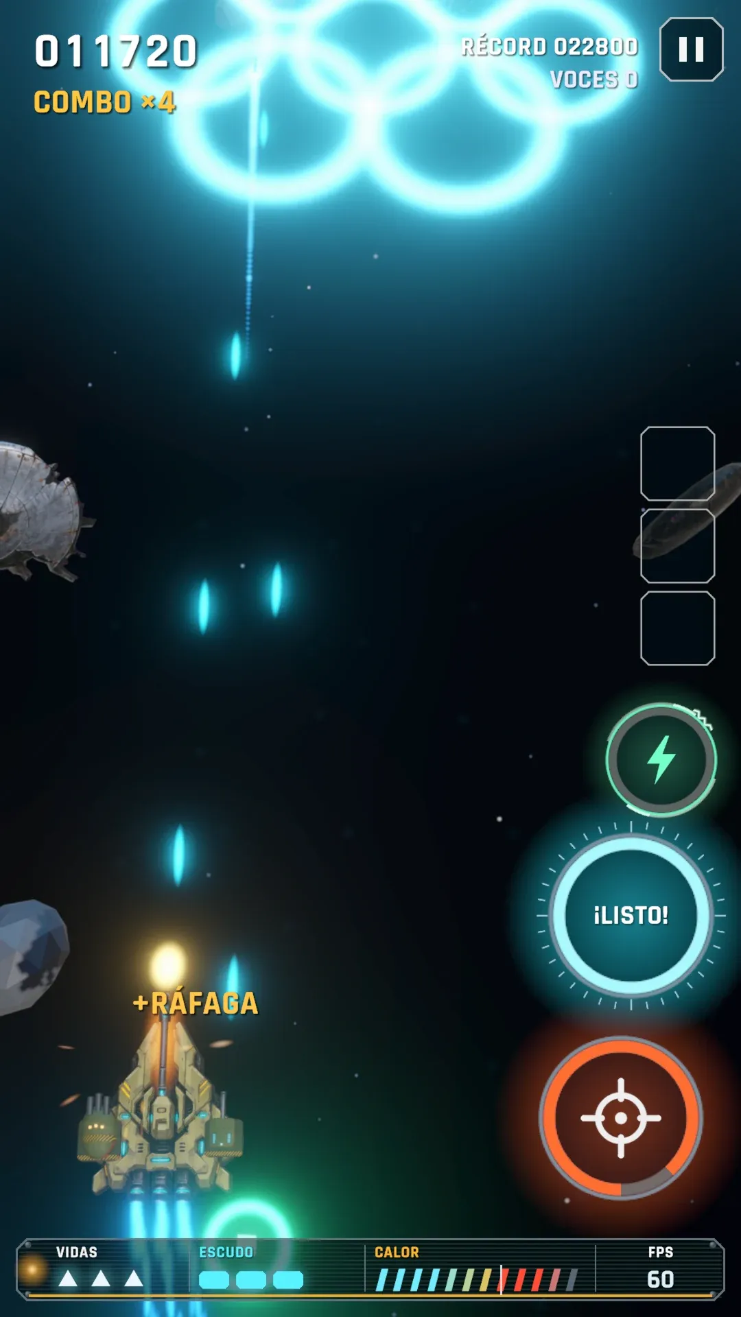 Captura del juego en Umbral: una cadena de Nudos estallando, con el marcador y el combo.